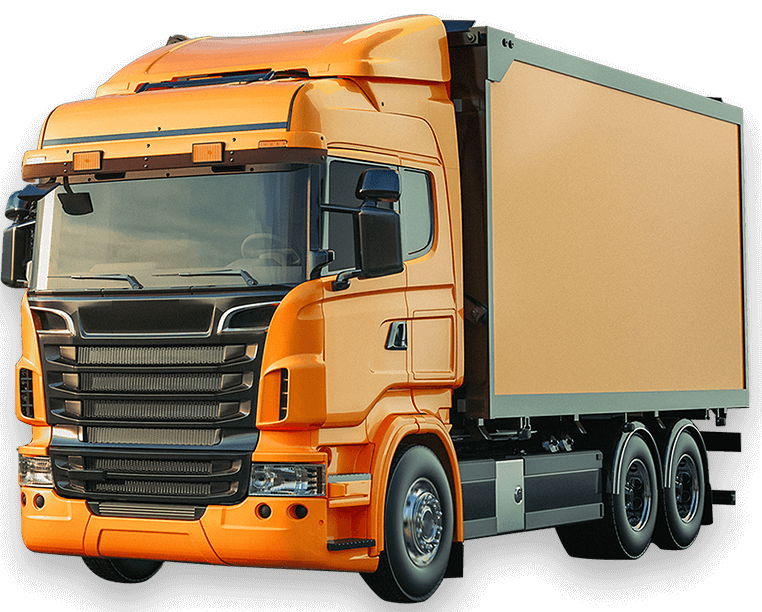 Orange semi truck with a box trailer