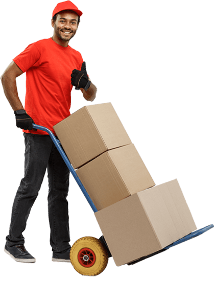 Smiling delivery worker moving boxes on a hand truck